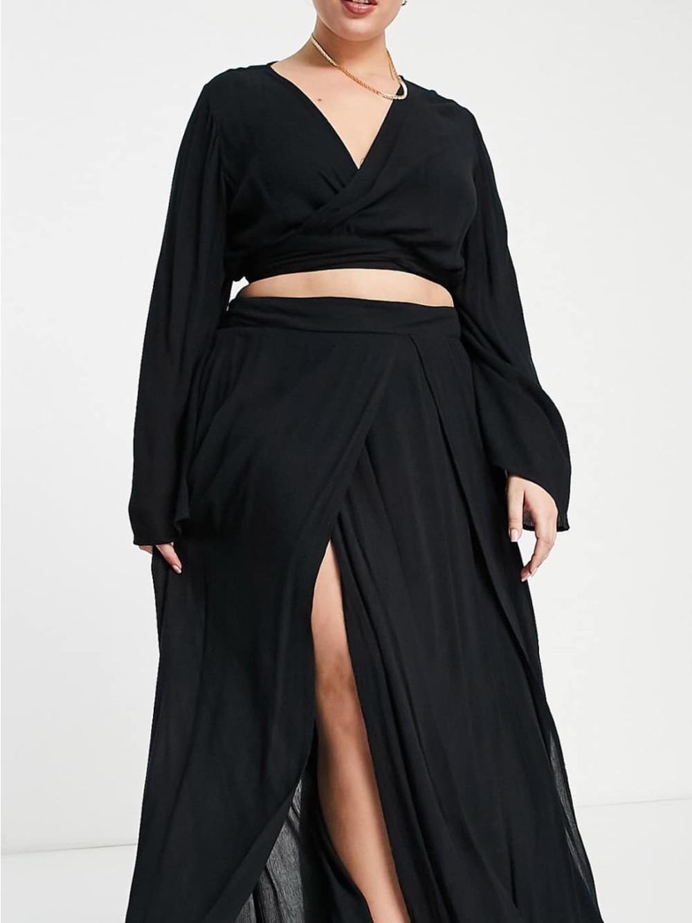 ASOS Curve Black Wrap Maxi Skirt with Front Slit wrap tie long sleeve crop top